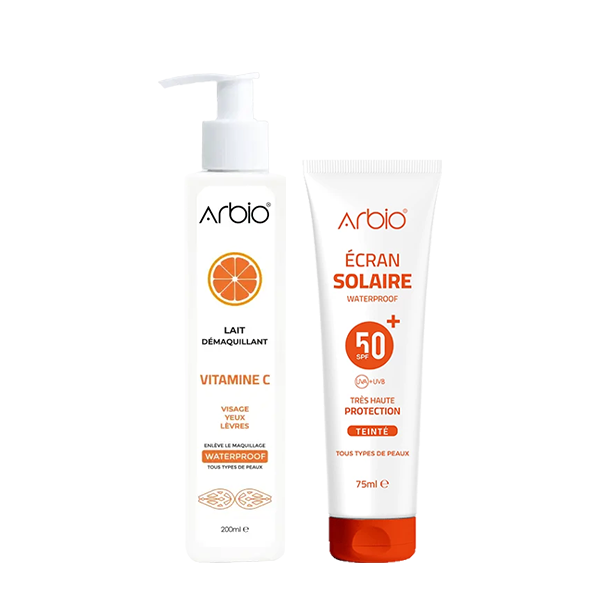 Arbio pack lait demaquillant vitamine c + ecran solaire spf50+ teinté