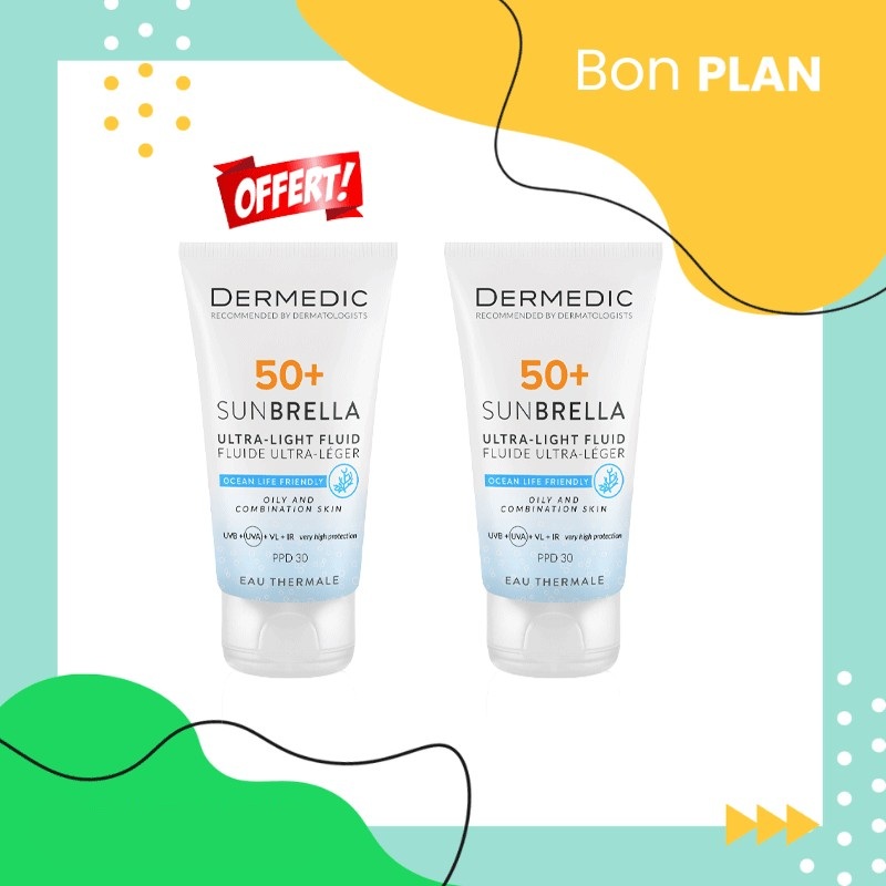 DERMEDIC pack SUNBRELLA fluide ultra légère SPF 50+ Peaux sèches et normales sensibles 40 ml*2