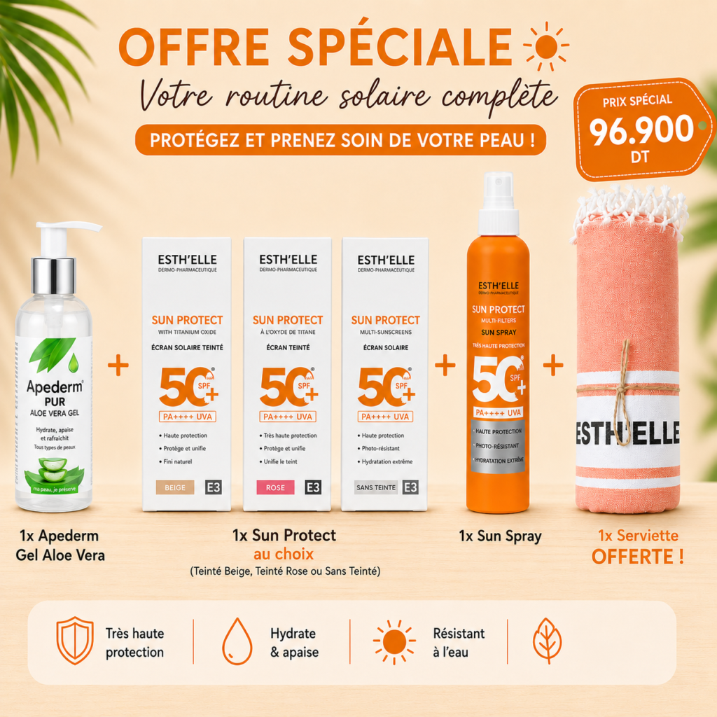Esthelle pack routine solaire complet sun protect lait spray 250ml + ecran spf50+ invisible 50gr +apederm gel aleo vera 125ml + serviette de plage offerte