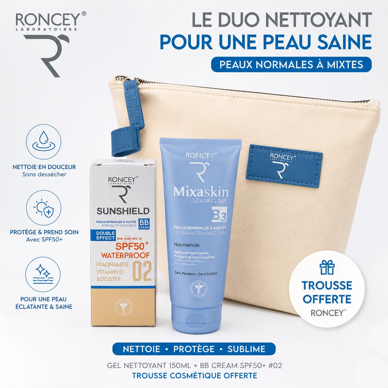 RONCEY duo peau normale à mixte (mixaskin gel + sunshield 02 + trousse offerte)